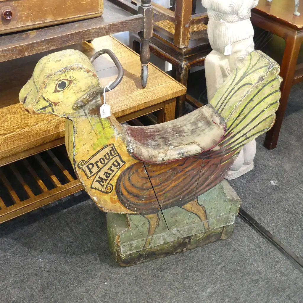 EARLY 20thC PAINTED WOODEN FAIR GROUND CHICKEN SEAT 'PROUD MARY' H.730mm Image 1++