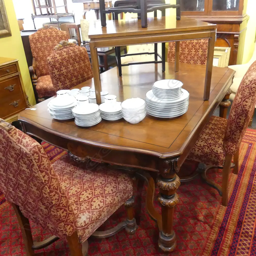 ANTIQUE ANTIQUE STYLE MAHOGANY DINING SUITE WITH SIX CHAIRS AND EXTENSION INLAID DINING TABLE Image 1++