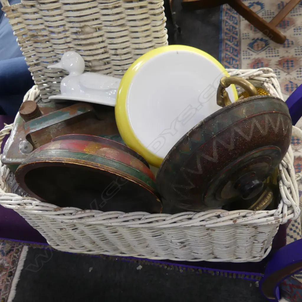 WHITE PAINTED WICKER BOX w. 2 WHITE CERAMIC ANIMAL TUREENS, WOODEN LIDDED CONTAINER, PETROL CAN ETC Image 1++