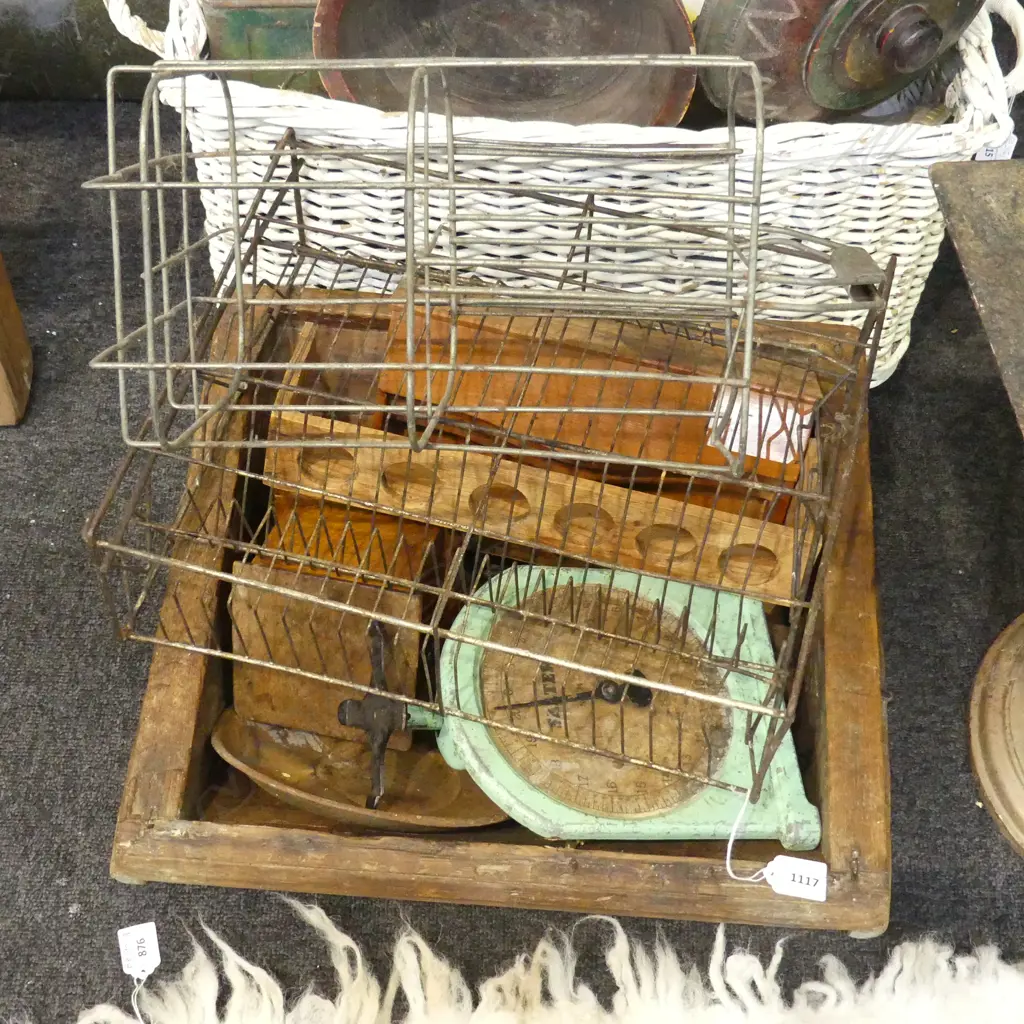 OLD WOODEN TRAY, EGG TRAYS, SCALES, WIRE RACKS ETC Image 1++