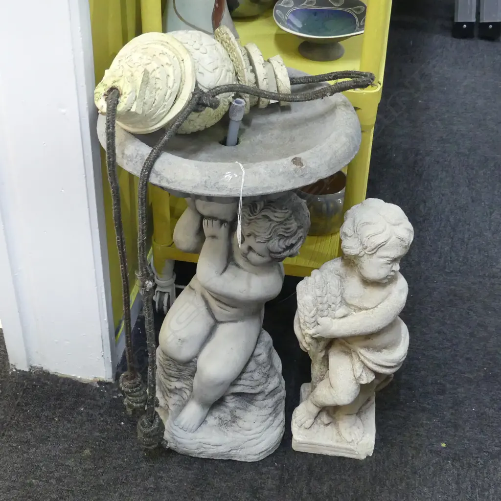 3 GARDEN PCES; CONCRETE BIRD BATH / FOUNTAIN H.630mm, FIGURE, ARTWORK Image 1++