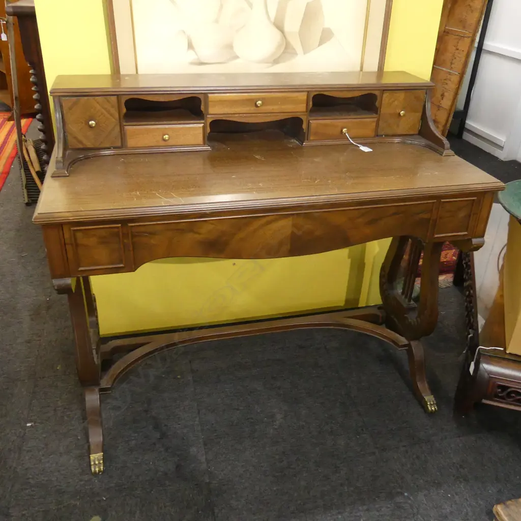 SINGLE DRAWER MAHOGANY DEAK WITH LYRE LEG SUPPORTS Image 1++