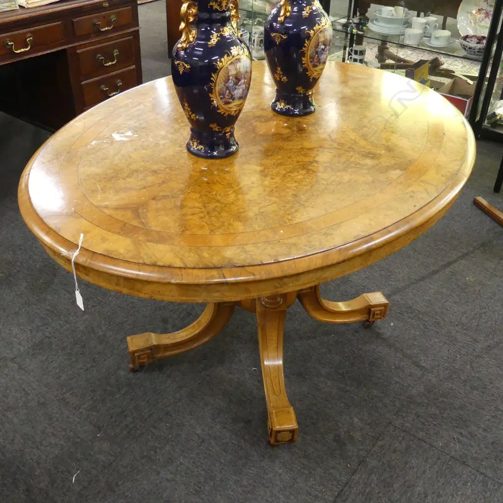 VICTORIAN BURR WALNUT OVAL TABLE CATHEDRAL BASE (minor faults) 1280x950x740mm Image 1++