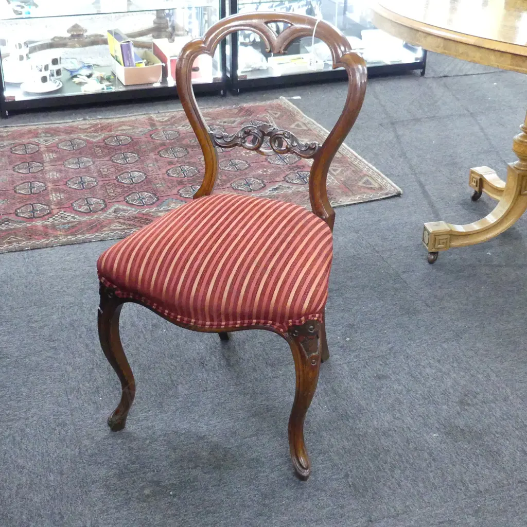 VICTORIAN MAHOGANY BALLOON BACK DINING CHAIR - RED STRIPED UPHOLSTERY Image 1++
