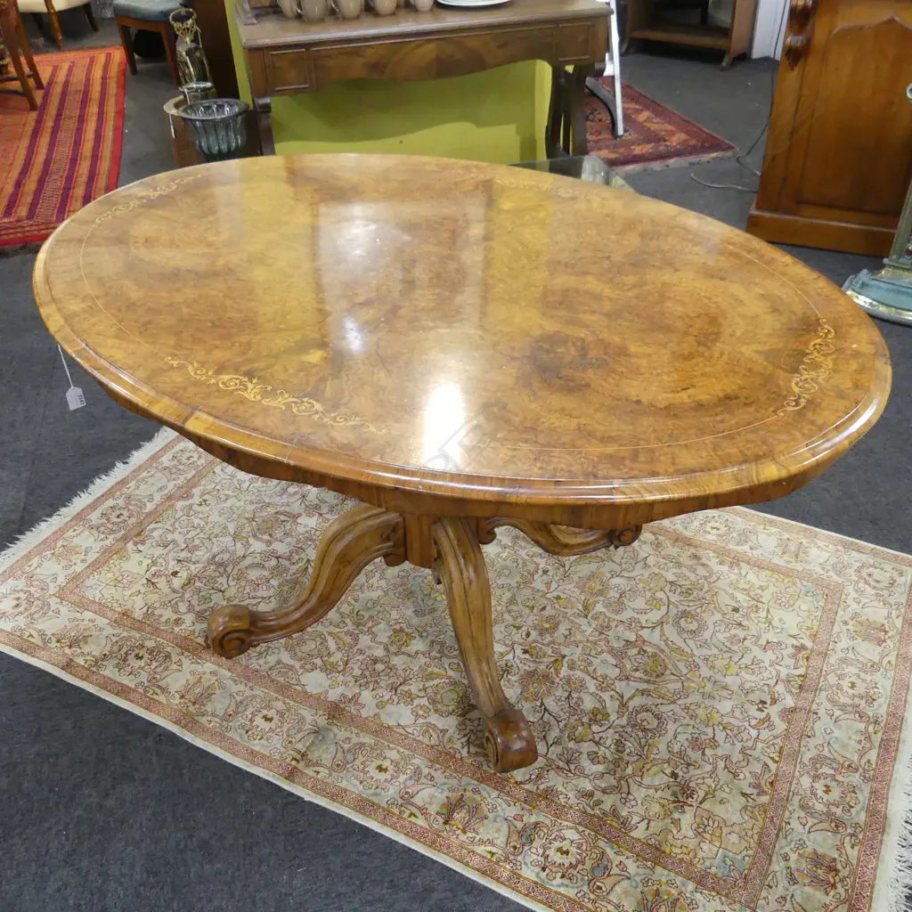 VICTORIAN WALNUT INLAID LOO TABLE W 1350 MM BOLT NEEDS ATTENTION Image 1++