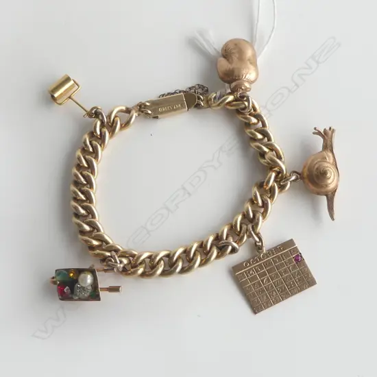 ANTIQUE GOLD PLATE CURB LINK CHARM BRACELET  w mixture of 3 gold + other gold plate & other charms.