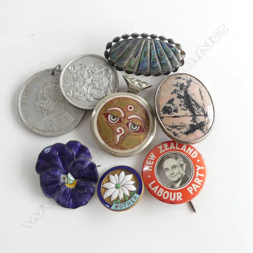 8 ITEMS JEWELLERY+ BADGES & MEDALLIONS: SILVER ENAMEL PAUA  AGATE NZ LABOUR PARTY ETC Image 1++