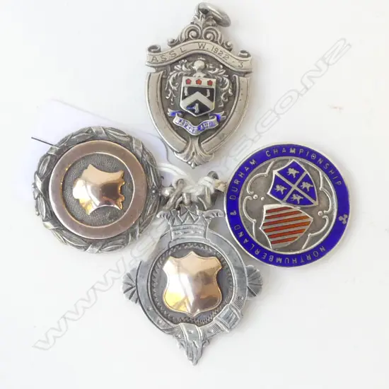 4 silver EARLY 20thC FOB MEDALLIONS: enamelled & gold applied 