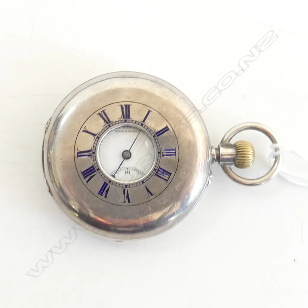 VICTORIAN SILVER HALF HUNTER POCKET WATCH BLUE ENAMEL CHAPTER RING - WORKING Image 1++