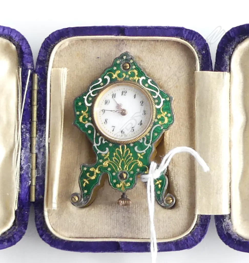 ANTIQUE MINIATURE GUILLOCHE ENAMEL SWISS DRESSING TABLE CLOCK BREVET D.R.G.M in folding case  Image 1++