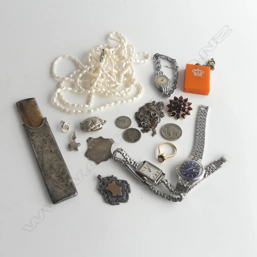 ASST COSTUME JEWELLERY + SILVER CASED COMB + PEARL NECKLACE + LADIES WATCHES ETC Image 1++