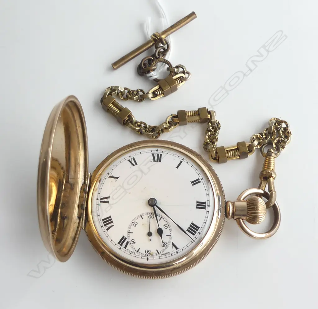 c1900 GOLD PLATE HUNTER POCKET WATCH + GOLD PLATE ALBERT CHAIN Image 1++