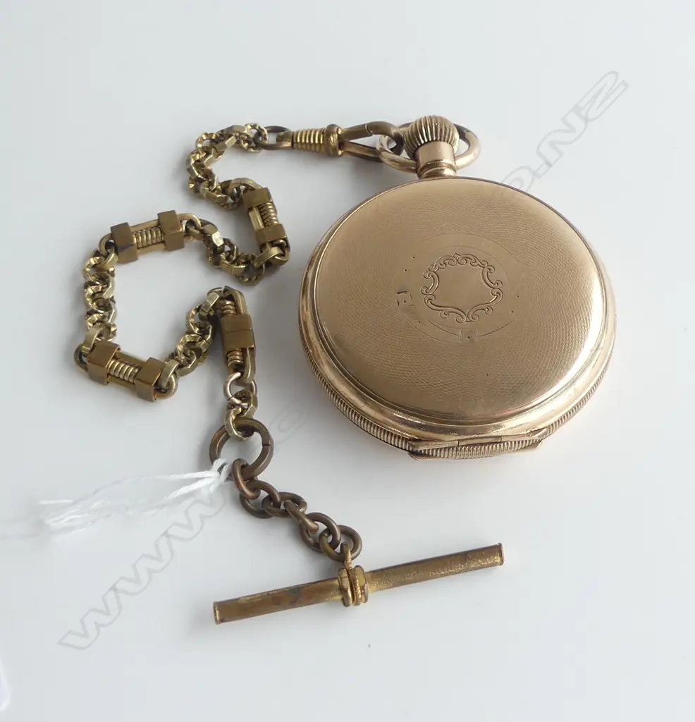 c1900 GOLD PLATE HUNTER POCKET WATCH + GOLD PLATE ALBERT CHAIN Image 1++