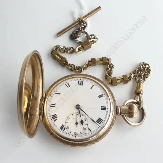 c1900 GOLD PLATE HUNTER POCKET WATCH + GOLD PLATE ALBERT CHAIN