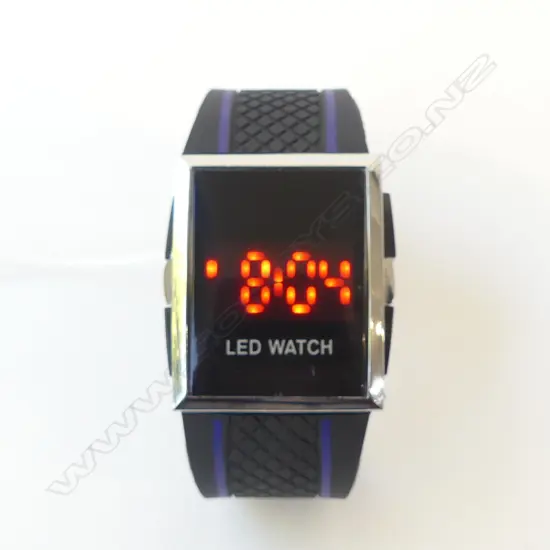 GENTS LRG LED WATCH w RUBBER STRAP, SILVER BLUE & BLACK COLOUR