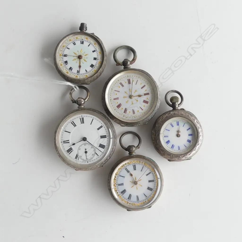 5 SILVER OPEN FACED POCKET WATCHES AF Image 1++