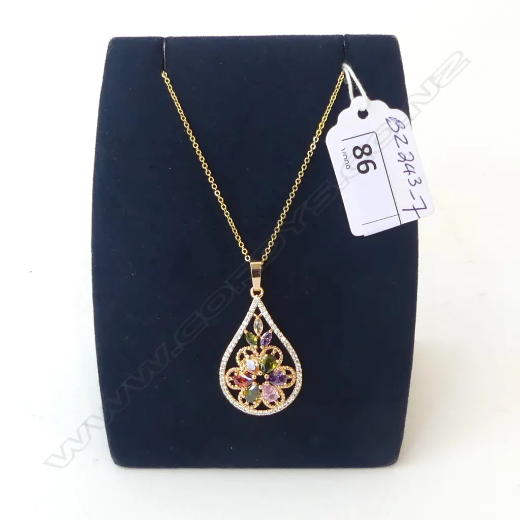 SPARKLY MULTI COLOURED PENDANT ON CHAIN, ROSE GOLD COLOURED SILVER Image 1++