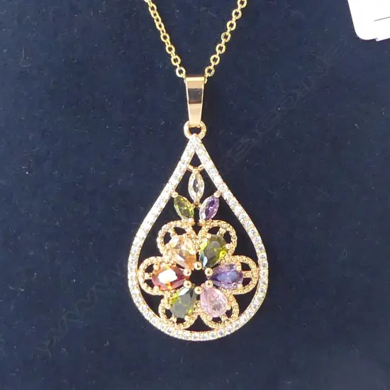 SPARKLY MULTI COLOURED PENDANT ON CHAIN, ROSE GOLD COLOURED SILVER