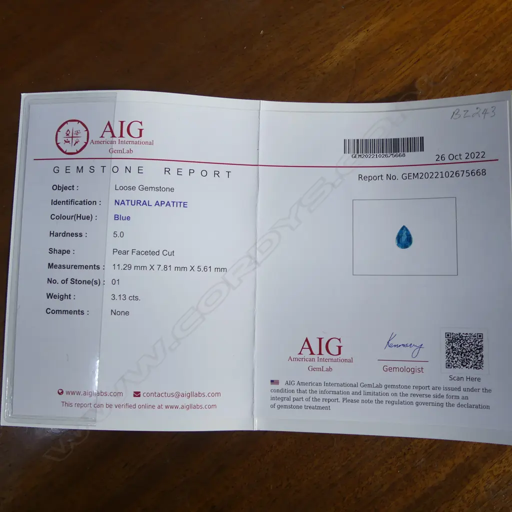 PEAR CUT 3.13ct BLUE APATITE, comes w AIG report Image 1++