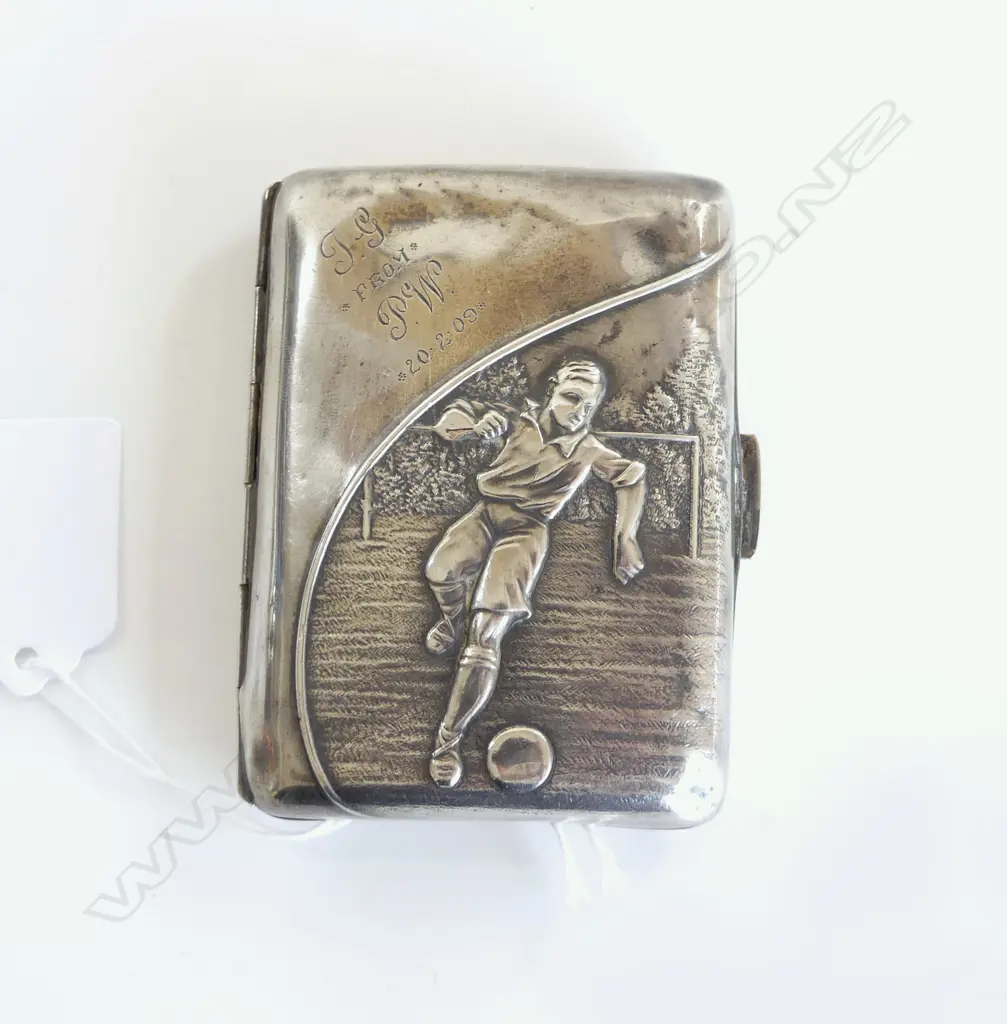 EDWARDIAN SILVER FOOTBALL (SOCCER) THEMED CIGARETTE CASE dents to back. Birmingham 1907. 53gms Image 1++