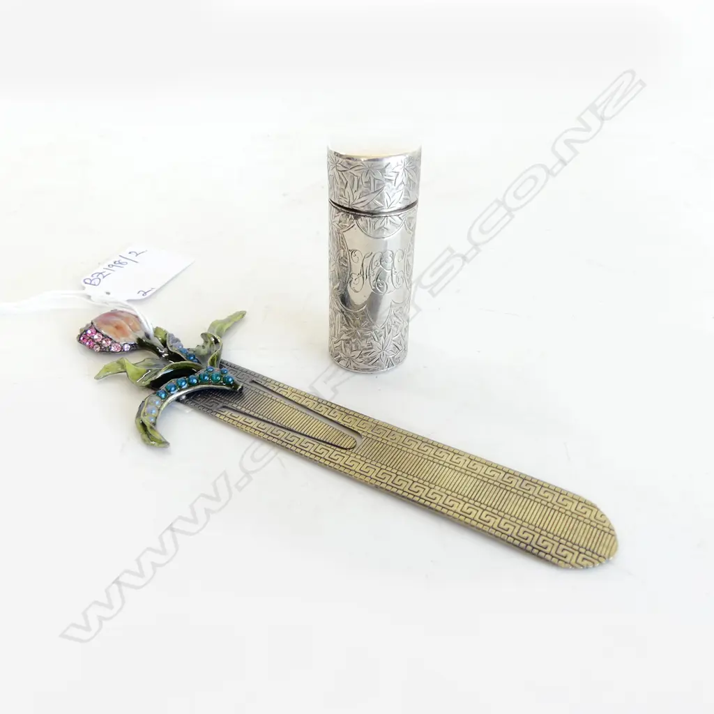 ENAMELLED FLOWER BOOKMARK L.150mm BOXED + STG SILVER BOTTLE, B'HAM 1894 H.60mm Image 1++
