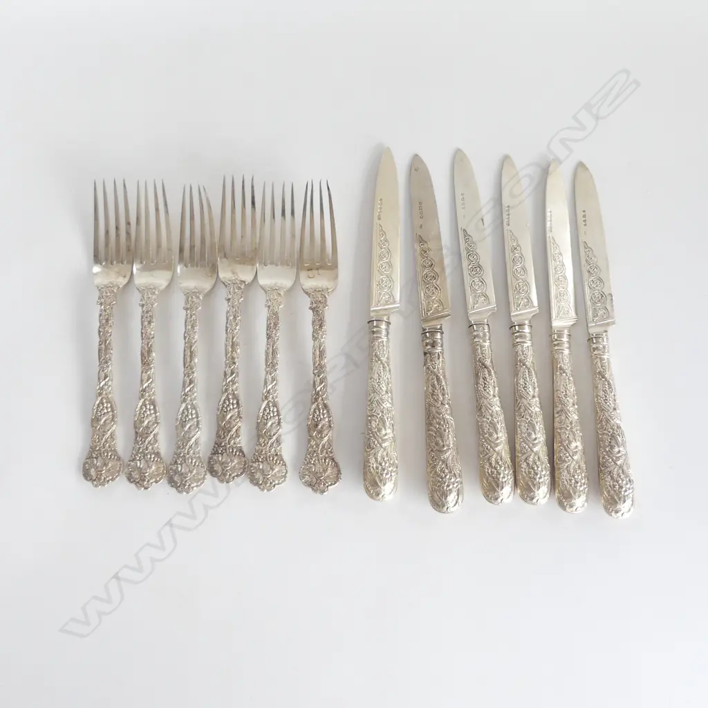 FANCY VICTORIAN SILVER 6 FRUIT KNIFE & 6 FORK SET  London 1853 by Francis Higgins II Image 1++