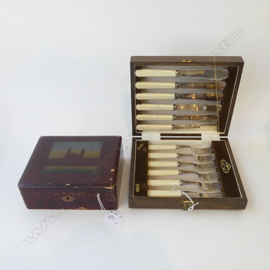 OAK BOXED WALKER & HALL PLATED FISH SET & JAPANESE LACQUER BOX DEPICTS AUCKLAND EXHIBITION 1913/14 180X150mm Image 1++