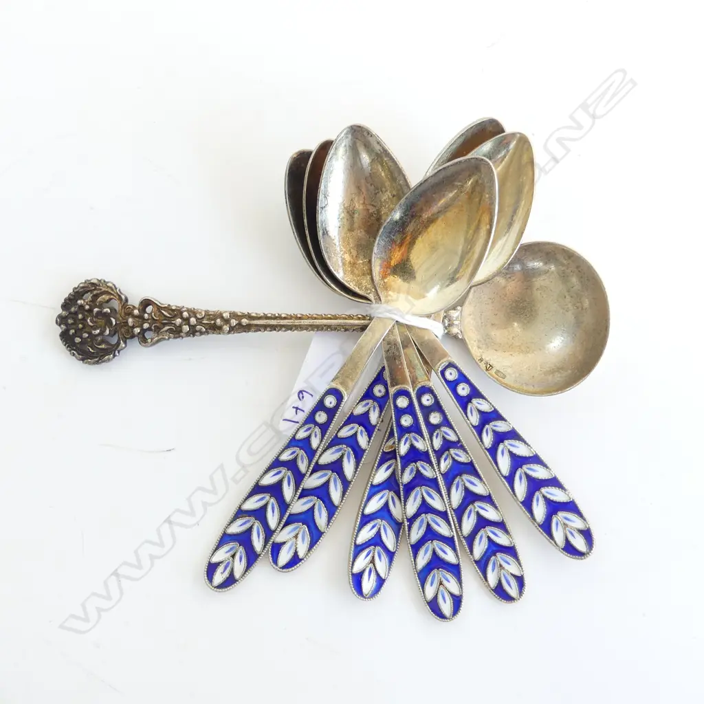 6 RUSSIAN SILVER & ENAMEL COFFEE SPOONS 98GRMS& RUSSIAN SILVER JAM SPOON 29GRMS Image 1++