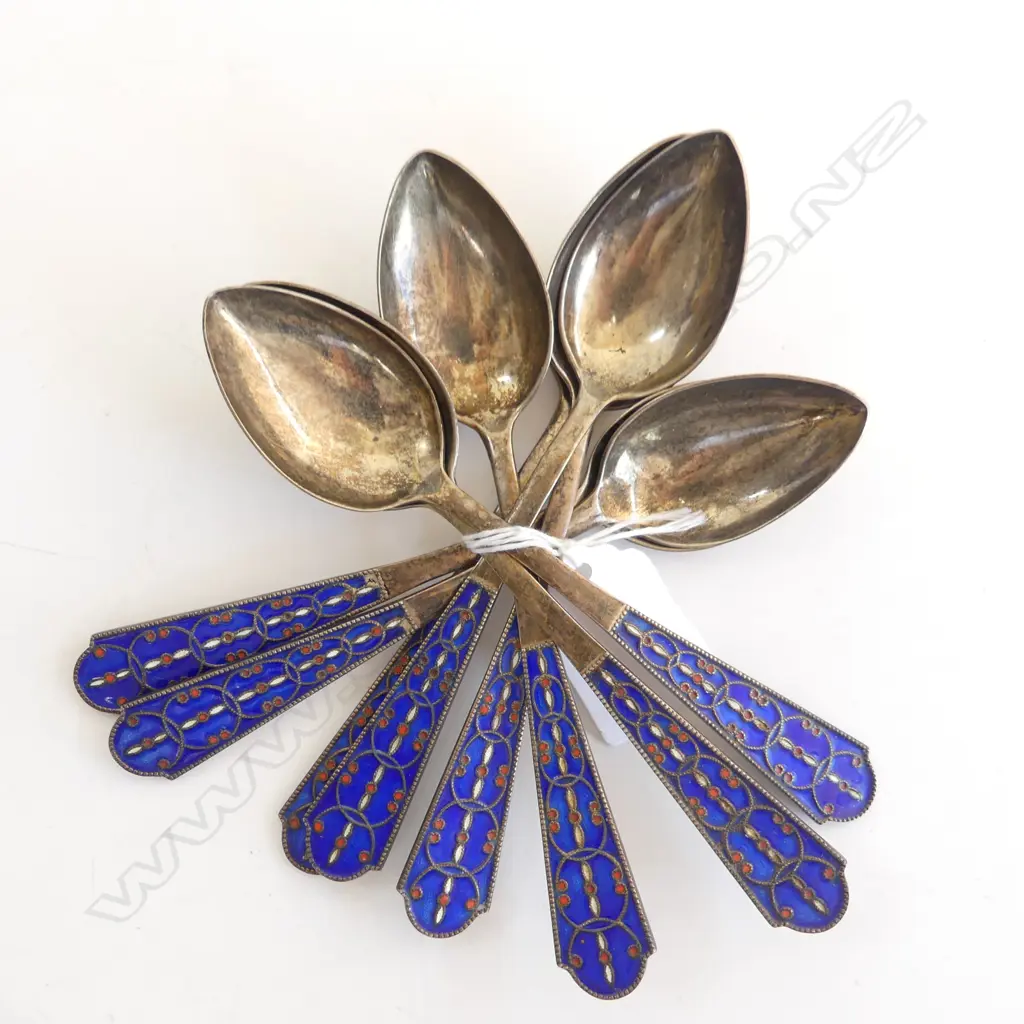 8 RUSSIAN SILVER & ENAMEL TEA SPOONS 183GRMS Image 1++