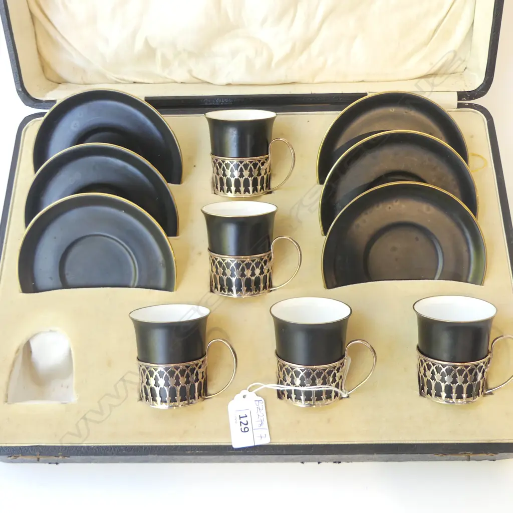 SHELLEY STG SILVER MOUNTED DEMITASSE SET; 5 CUPS, 6 SAUCERS IN ORIG. BOX W.385mm Image 1++