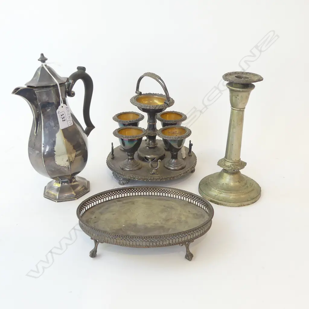 4 PCES SILVER PLATE; OSP OVAL TRAY 125x185mm, CHOCOLATE POT, CRUET, CANDLESTICK  Image 1++