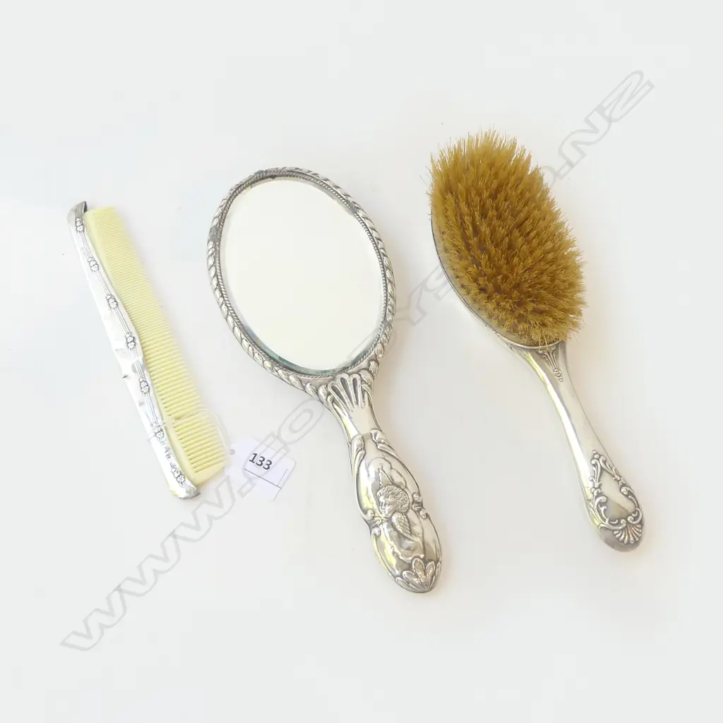 3 PCES STG SILVER; HAND MIRROR, HAIR BRUSH & COMB Image 1++