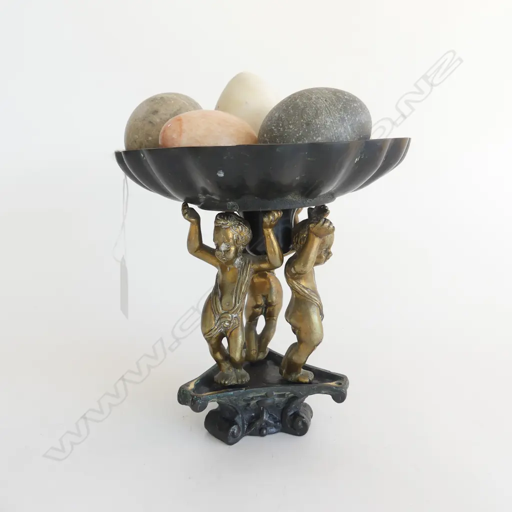 BRONZE & CAST IRON PUTTI COMPORT H170MM WITH 5 STONE EGGS Image 1++