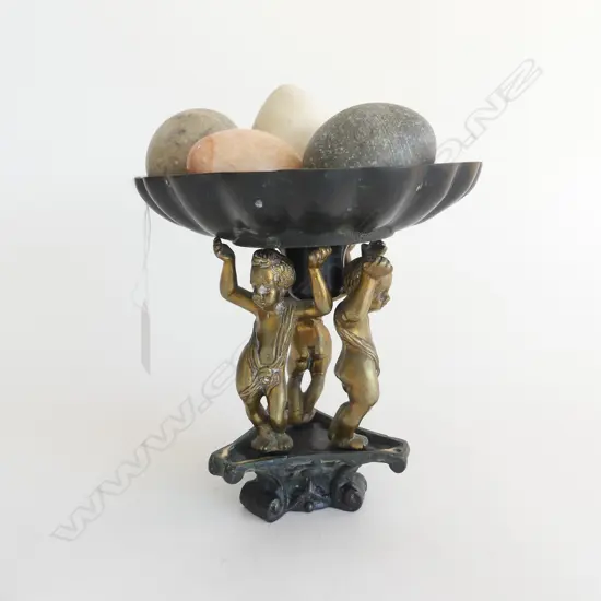 BRONZE & CAST IRON PUTTI COMPORT H170MM WITH 5 STONE EGGS