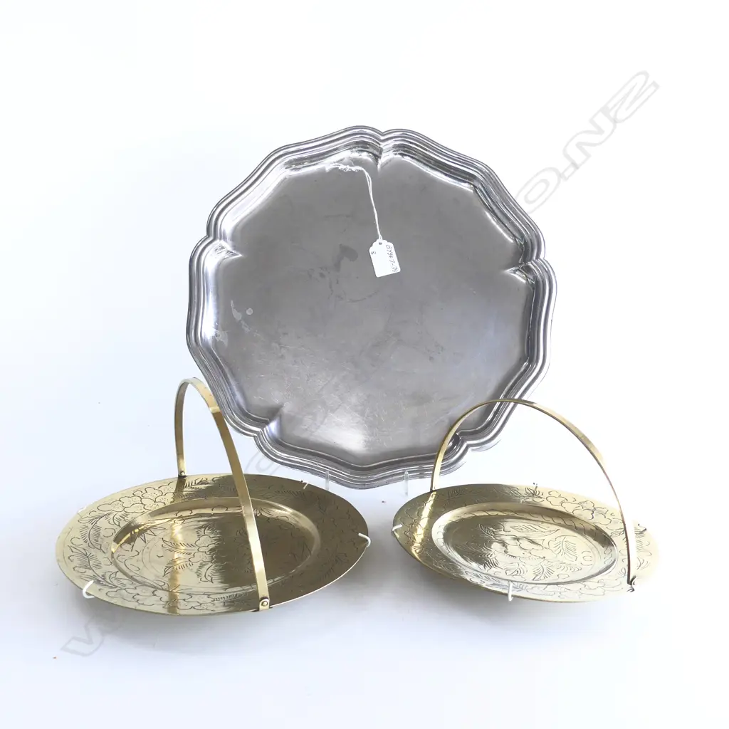 SILVER PLATE TRAY w SCALLOPED EDGES & 2 BRASS PLATES w HANDLES & HANGING MECHANISMS ON BACK Image 1++
