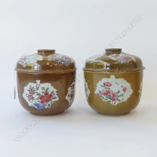PR ANTIQUE CHINESE EXPORT BATAVIA WARE LIDDED POTS, OLD STAPLE REPAIRS H.170mm, 170mm dia