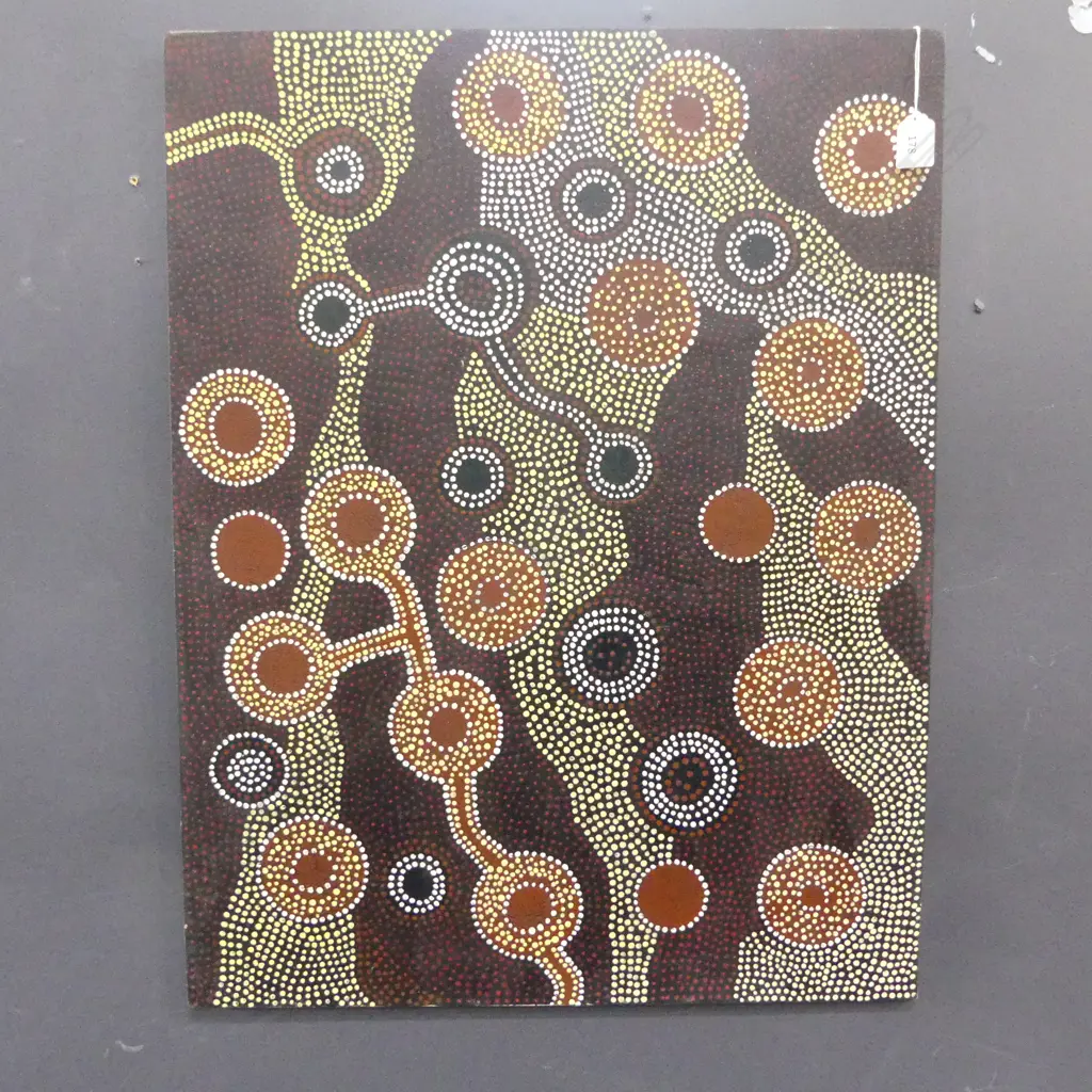 ARTIST UNKNOWN, ABORIGINAL DOT PAINTING, OIL ON BOARD 675x525mm Image 1++