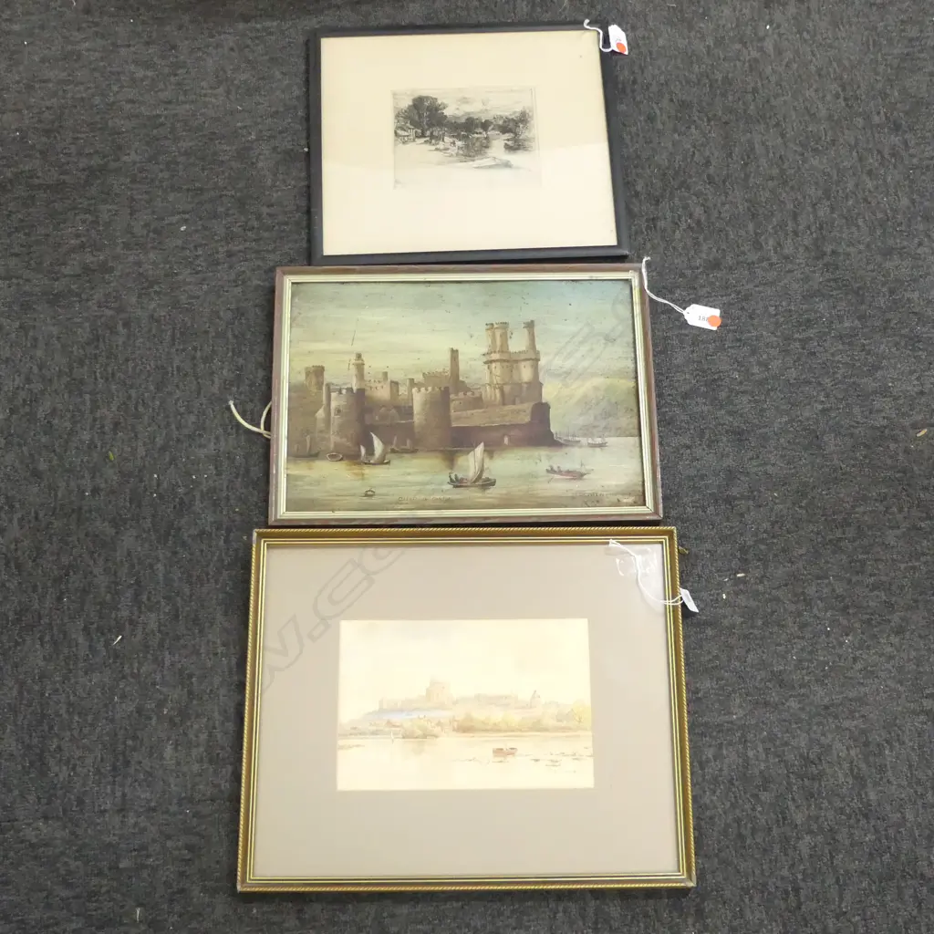 3 ARTWORKS; J. H. GRAINGER 'CARNARVON CASTLE' OIL, F. SEYMOUR HADEN ETCHING, G. H. POWNALL WINDSOR CASTLE WC 155x230mm Image 1++