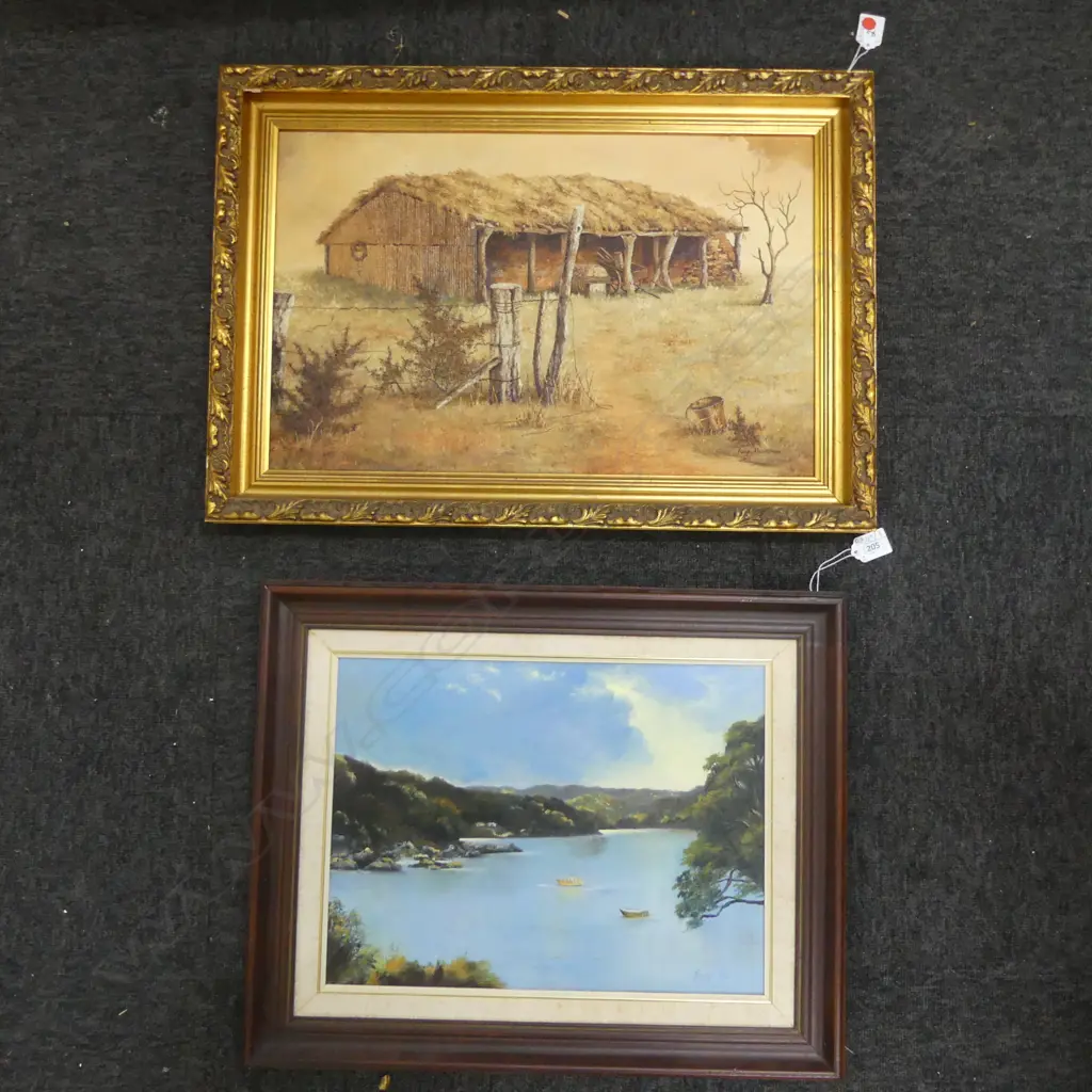 2 OIL ON BOARD ARTWORKS; KAYE HARKNESS RUSTIC BARN, 325x510mm, BERYL BORTZ HARBOUR LANDSCAPE 290x390mm Image 1++