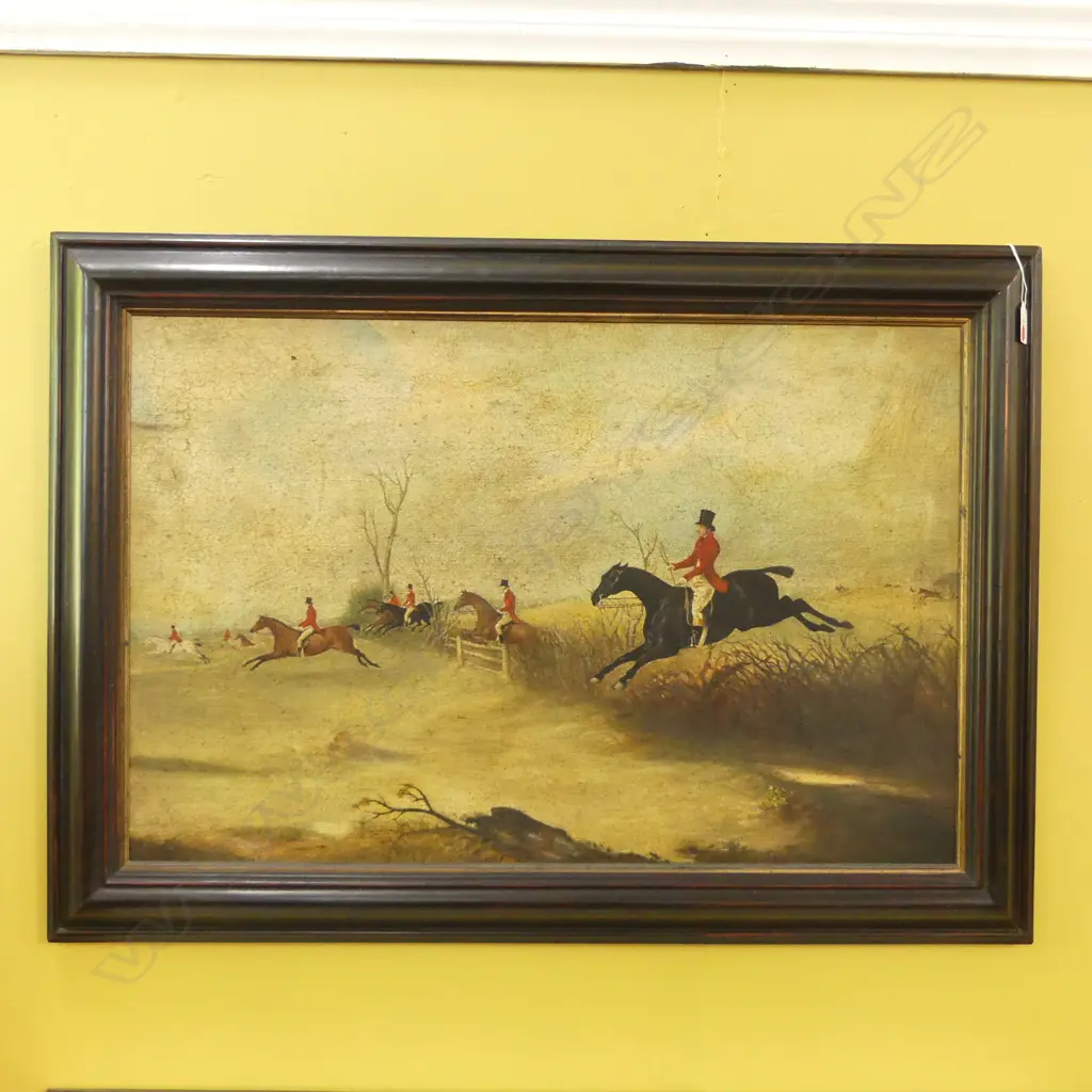 ARTIST UKNOWN, FOX HUNT, ANTIQUE STYLE REPRO. OIL ON CANVAS 485x740mm Image 1++