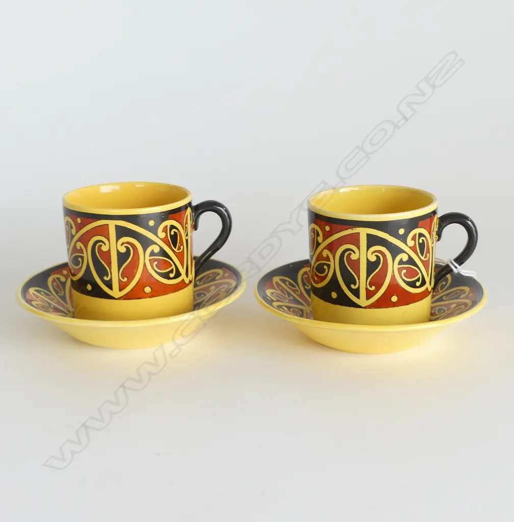 PR ROYAL DOULTON MAORI ART DEMI TASSE CUPS & SAUCERS yellow colourway Image 1++