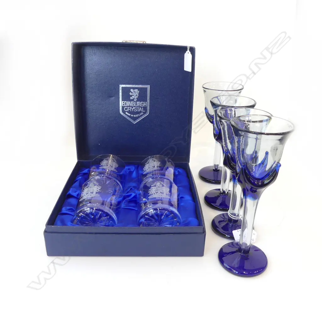 BOXED SET OF 4 EDINBURGH CRYSTAL WHISKY GLASSES & 4 SIGNED STUDIO GLASS WINE GOBLETS  H190MM Image 1++