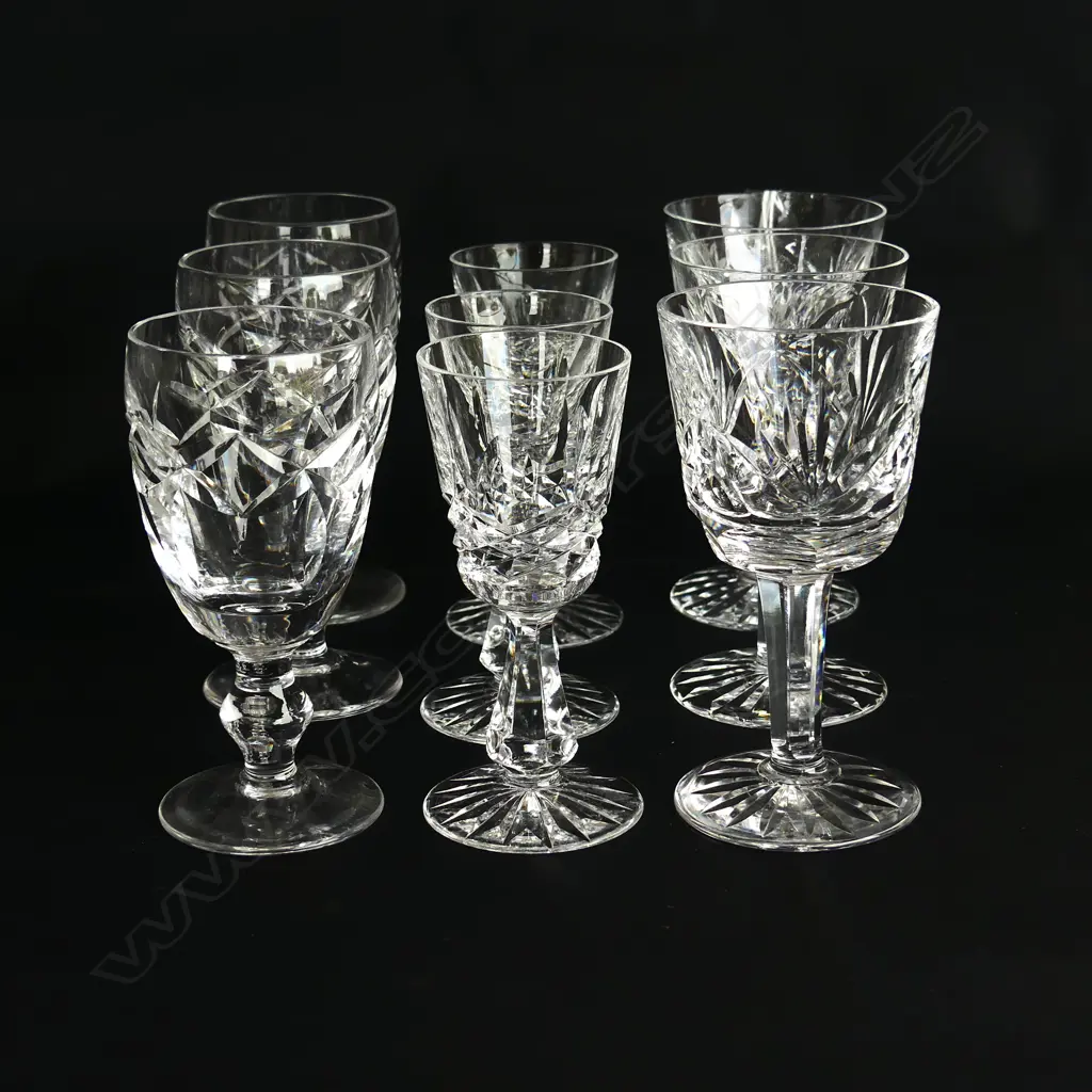 NINE WATERFORD CUT CRYSTAL PORT OR LIQUEUR GLASSES, 3 OF EACH PATTERN H.10CM-11CM Image 1++