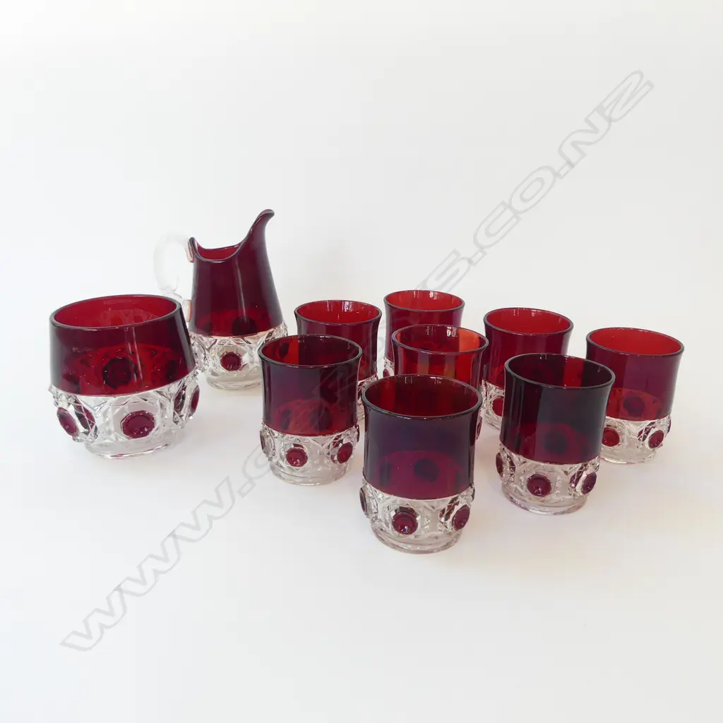 CUT CRANBERRY GLASS JUG + 6 TUMBLERS + ICE BUCKET Image 1++