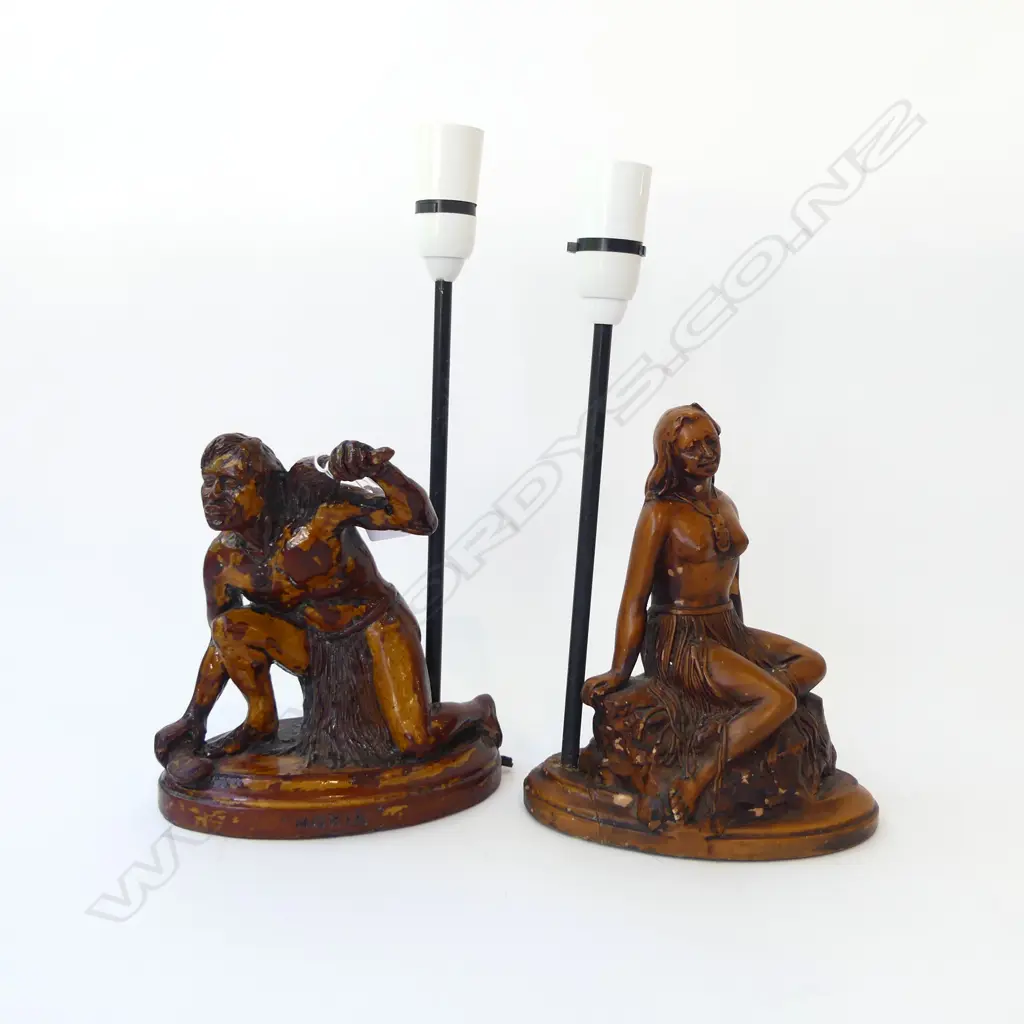 2 MAORI RESIN LAMP BASES; TE PANIA & HOKIA H.360mm faults Image 1++