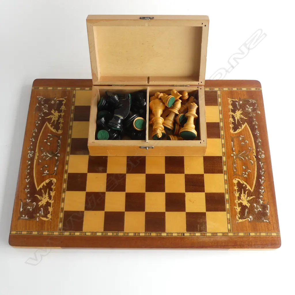 FINELY INLAID CHESS BOARD w BOXED CHESS PIECES Image 1++