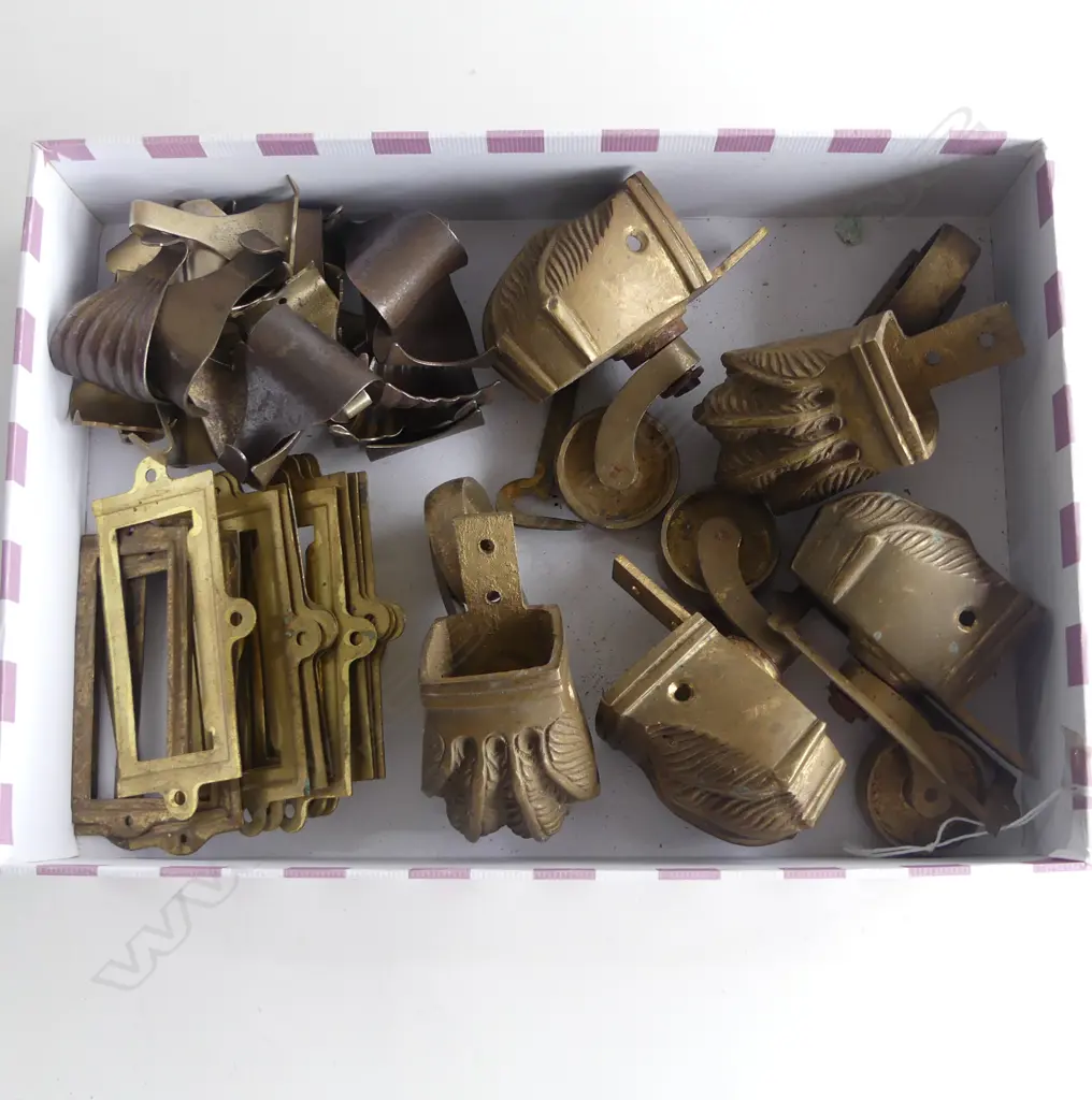 COLLECTION OF BRASS ITEMS, 4 CLAW FEET w WHEELS, PICTURE FRIEZE HOOKS & FILE CABINET SURROUNDS Image 1++