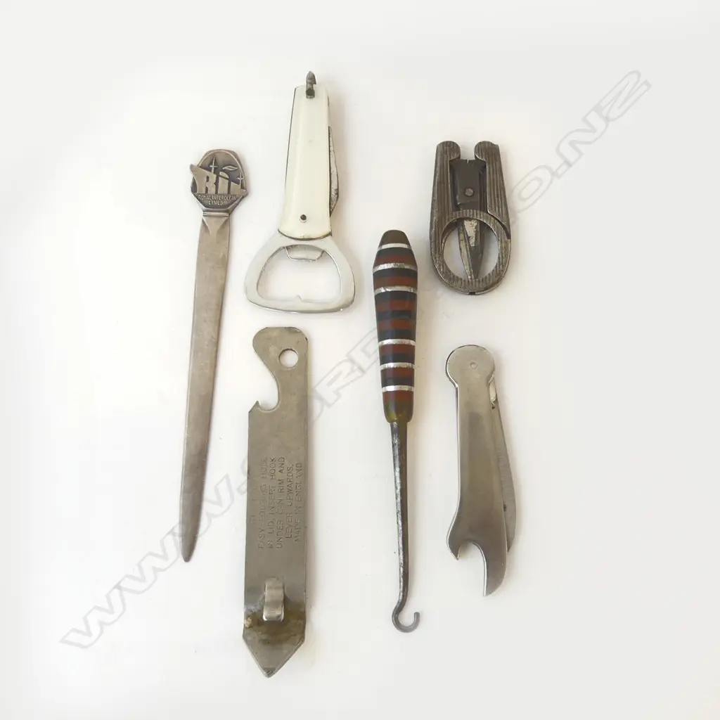 6 ITEMS: 4 ADVERTISING OPENERS  + BOOT HOOK + FOLDING SCISSORS Image 1++