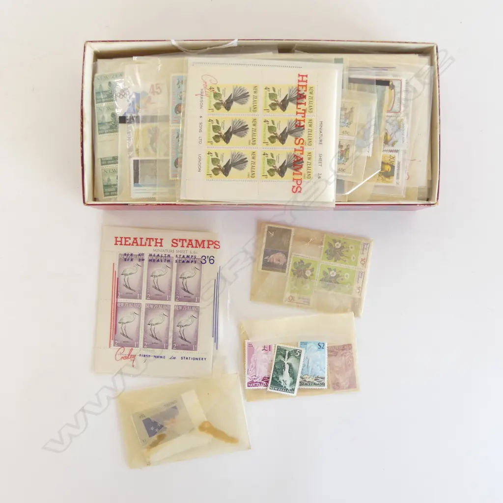 BOX VINTAGE NZ STAMPS + MINI SHEETS includes $2 multicolour + $2 pink Geysers etc etc Image 1++
