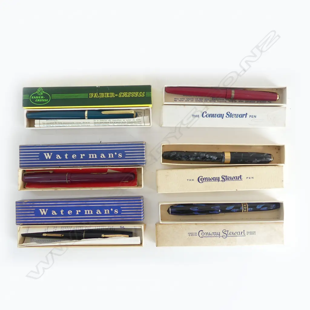 6 BOXED VINTAGE FOUNTAIN PENS: 3X CONWAY STEWART 2 X WATERMAN'S + 1x FABER-CASTELL Image 1++